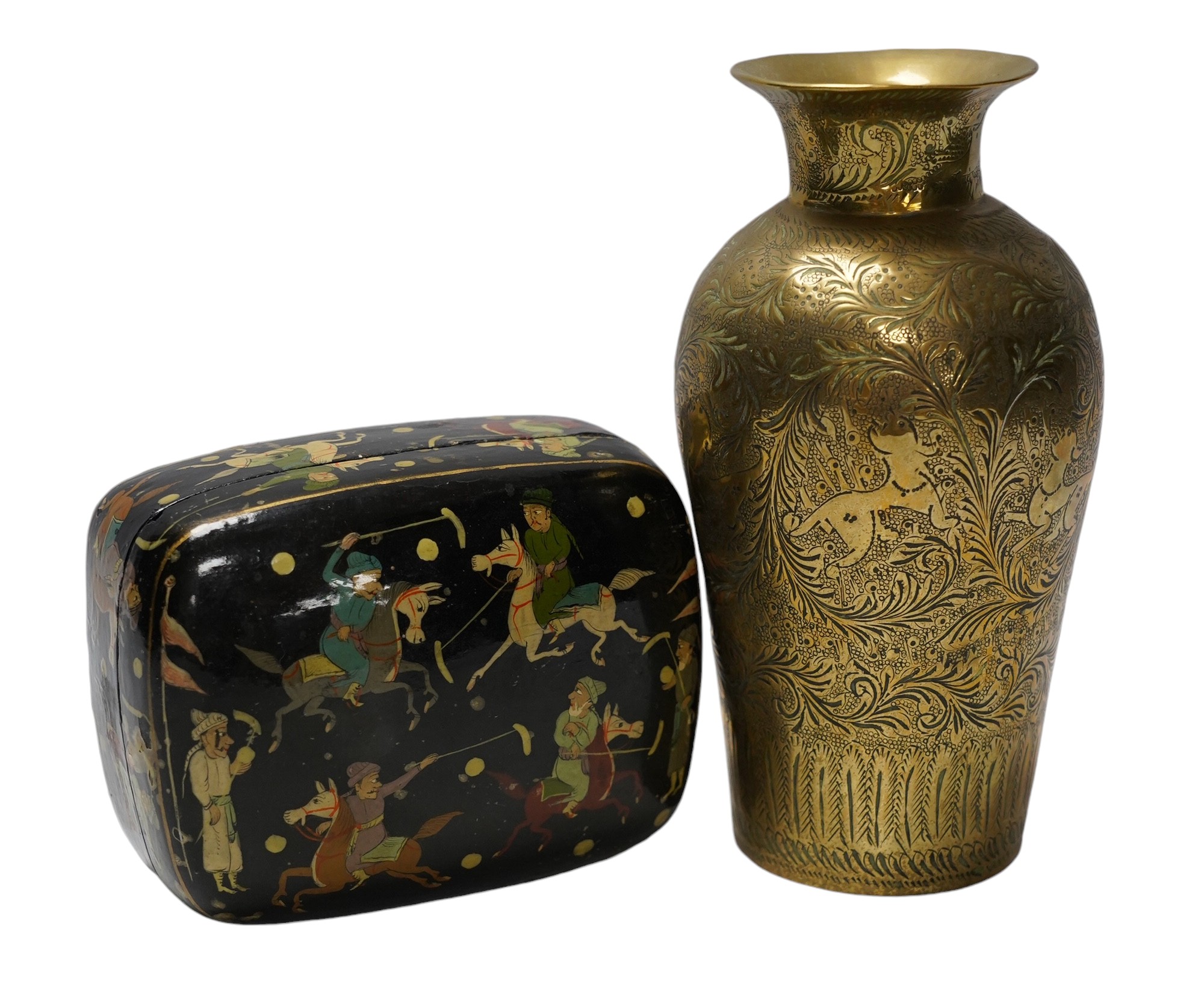 A Persian paper mache box and a brass vase with engraved decoration, largest 17cm high. Condition - vase fair, box restored